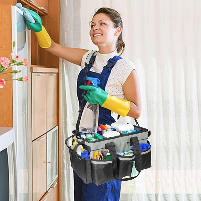Compact Wearable Cleaning Supplie Bag with Handle Shoulder Straps | Gray Cleaner Caddy, Nylon Wear Resistant & Durable, Multiple Pockets Well Organized for Housekeepers, Horse, Cleaners