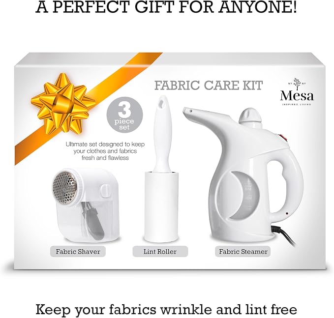 Inspired Living Fabric Care Kit – 3-Piece Fabric & Garment Care Set with Handheld Steamer, Lint Roller & Fabric Shaver – Portable Wrinkle Remover & Clothes Defuzzer