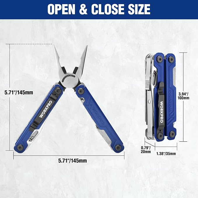 WORKPRO 18-in-1 Multi Tool Pliers Pocket Knife, 2 Safety Locks, EDC, Blue | Gifts for Men Dad Women Wife, Stainless Steel Multitool, Belt Clip and Oxford Pouch, Utility Tool for Camping