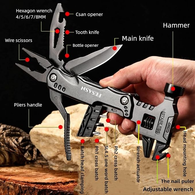 Adjustable Wrench Multitool Hammer, 16 in 1 | Pocket Multi Tool Pliers, Stainless Steel, Survival Camping Multi Tool, Home DIY & Everyday Use