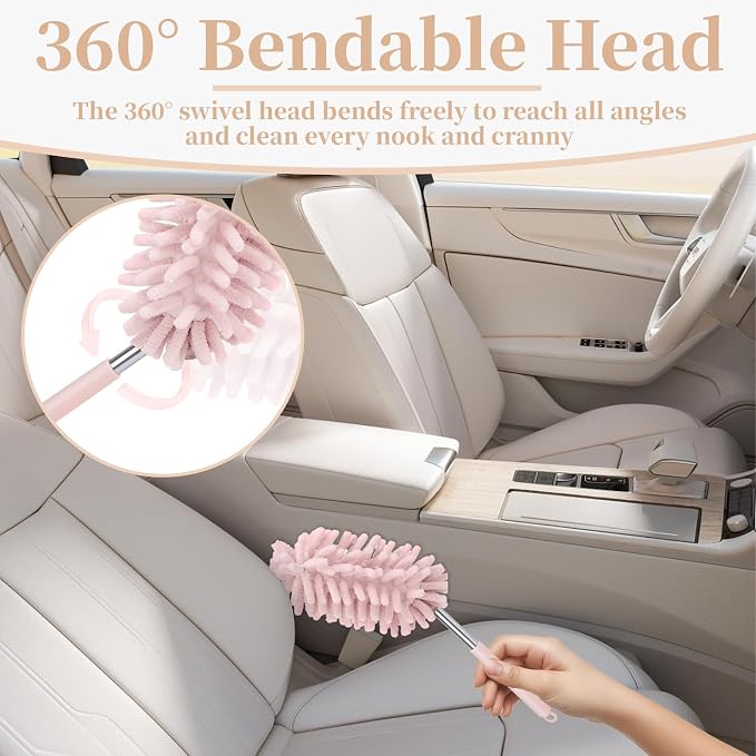 2 PCS Car Interior Duster with Extension Pole, Dusters for Cleaning | Microfiber Car Dusters with Bendable Head, Duster Interior & Exterior Scratch Free for Vehicle, Offices, Window (Pink)