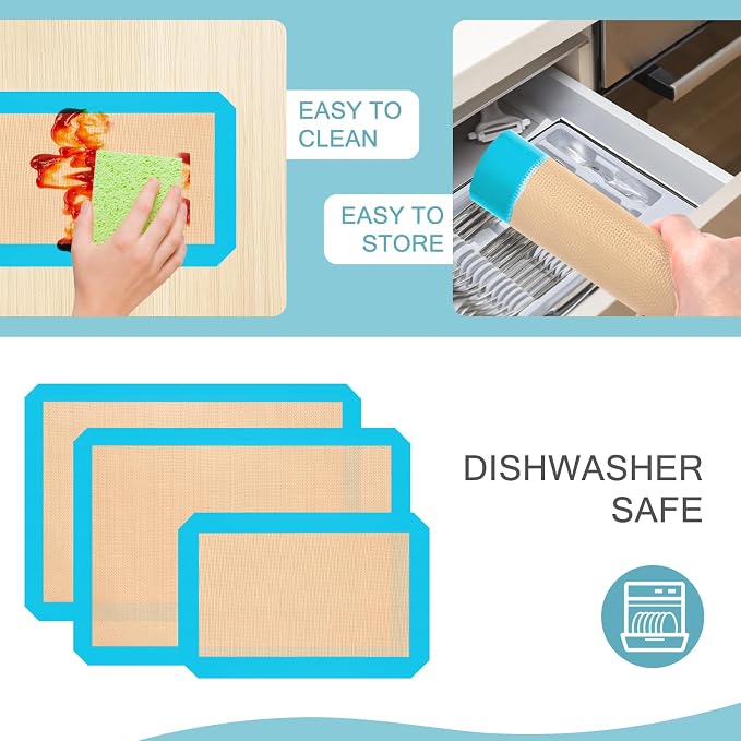 Silicone Baking Mats, Non-Stick Reusable Baking Sheet Liners, Parchment Paper Alternative for Cookies, Bread, Pastries & Dough, 2 Half & 1 Quarter Sheets