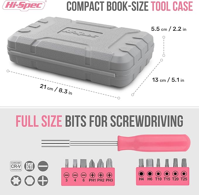 Hi-Spec Pink Tool Set 20-Piece. Ladies’ Starter Basic Hand Tools in a Compact Toolbox Case for Household and Office Repairs and Maintenance.