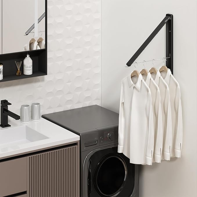 Folding Clothes Hanger Rack Wall mounted for Laundry Clothes Drying Rack | Foldable Hanger Rack Laundry Hanger Dryer Rack, Easy to Install, Closet Storage Organization, Space Saving Aluminium, Black
