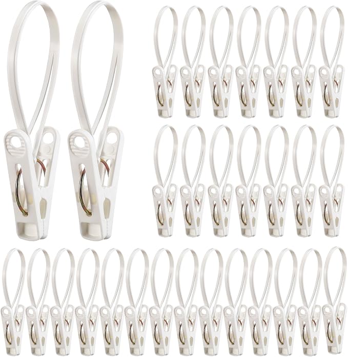 Honeydak 30 Pack Multi-Purpose Laundry Hooks Hanging Clips Bulk with Plastic Rope Hanger Clips for Baby Clothes Closet Organizer for Pants Hat Sock Boot Bra Towel Bathroom Wardrobe (White)