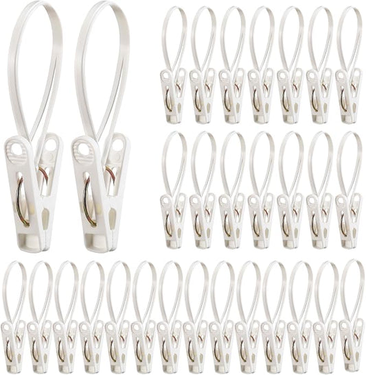 Honeydak 30 Pack Multi-Purpose Laundry Hooks Hanging Clips Bulk with Plastic Rope Hanger Clips for Baby Clothes Closet Organizer for Pants Hat Sock Boot Bra Towel Bathroom Wardrobe (White)