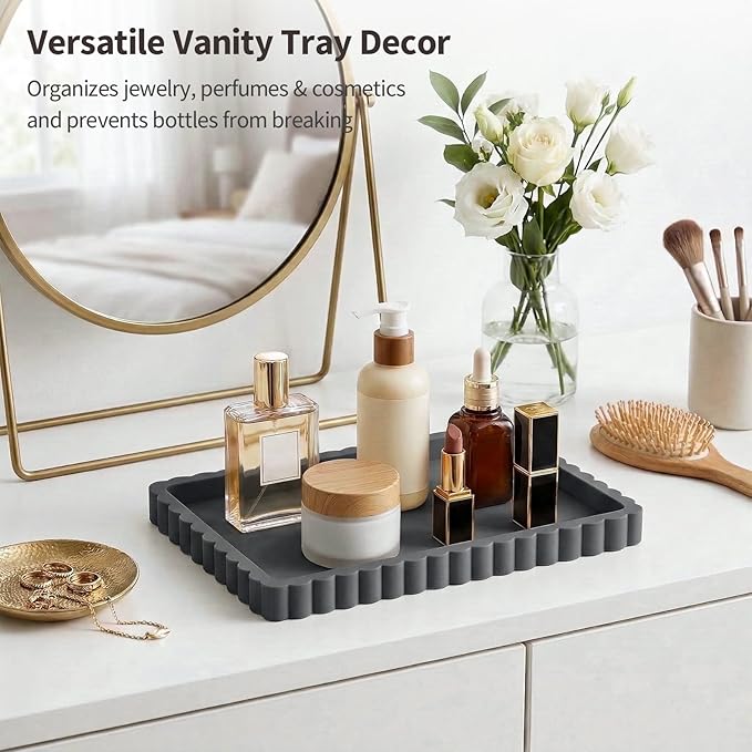 Silicone Bathroom Vanity Tray, Sink Caddy for Dish Soap Dispenser, Sponge Holder for Kitchen Sink, Rectangle Bathroom Countertop Organizer for Perfume, Jewelry, Candle (9.9” * 6”, Dark Grey)