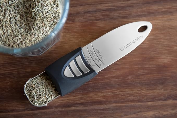 KitchenArt Stainless Steel Pro Sliding Adjust-A-Tablespoon and Teaspoon Set | All In One Measuring Spoons | Declutter Your Kitchen | Measuring Spoon Set | Baking & Cooking Essentials | Easy to Use Spoons