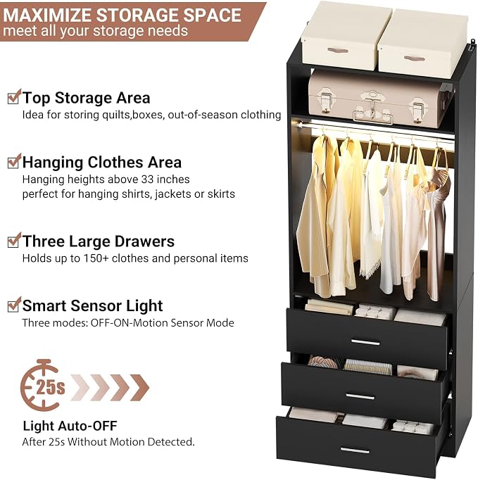 Besiost 8FT Closet System with 4 Motion Sensor LED Lights, 96" Closet Systems with 12 Drawers, Closet Organizer System with 4 Hanging Rods & 4 Shelves, Heavy Duty 96 Inch Walk-in Closet, Black