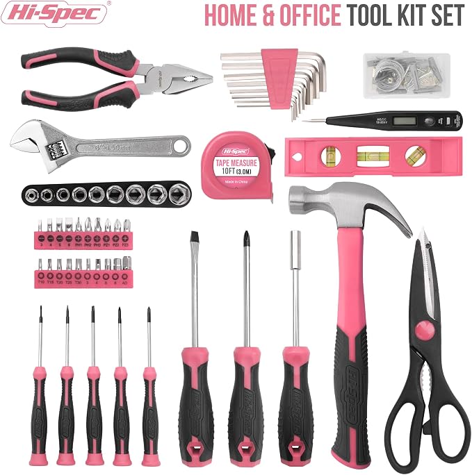 Hi-Spec Woman Home DIY Repair Pink Tool Kit with Portable Toolbox Case | 54pc, everyday fixes made easier, organized portable storage, beginner-friendly selection, apartment and office tasks, Ladies