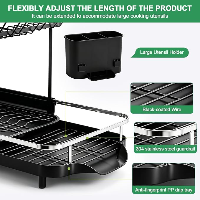 Dish Drying Rack for Kitchen Counter, 2 Tier Large Expandable Dish Drainer with Drainboard Set and Removable Utensil Holder, Space-Saving Countertop Organizer