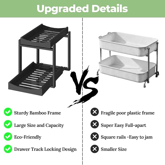 Bamboo Under Sink Organizer and Storage, 2 Pack Pull Out Cabinet Organization, 2 Tier Vertical Slide Out Undersink Storage Shelf, Multi-Purpose Organizer Shelves for Kitchen Bathroom Medicine