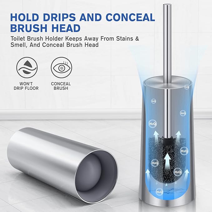 Toilet Brush and Holder, 2 Pack Toilet Brush Stainless Steel, Toilet Bowl Brush for Bathroom Toilet-Ergonomic, Elegant,Durable (Silver)