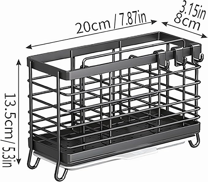 Stainless Steel Utensil Holder, Countertop Drying Rack with Drain Tray & Towel Bar, Space Saving Kitchen Organizer(Black)