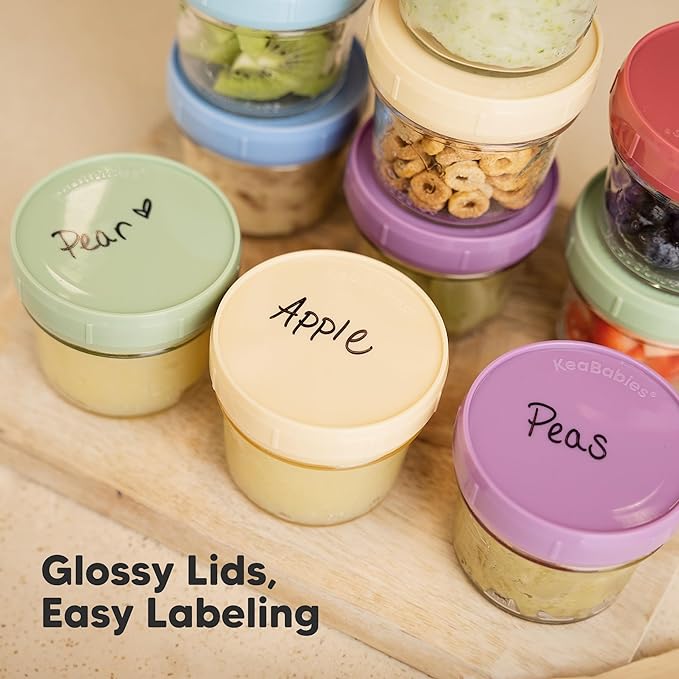 KeaBabies 6pk 4oz Glass Baby Food Containers with Lids, Leak-Proof (Nord) | Microwavable Small Glass Jars, Baby Purees, Toddler Snack Storage Containers, BPA-Free, Dishwasher-safe, Freezer Safe