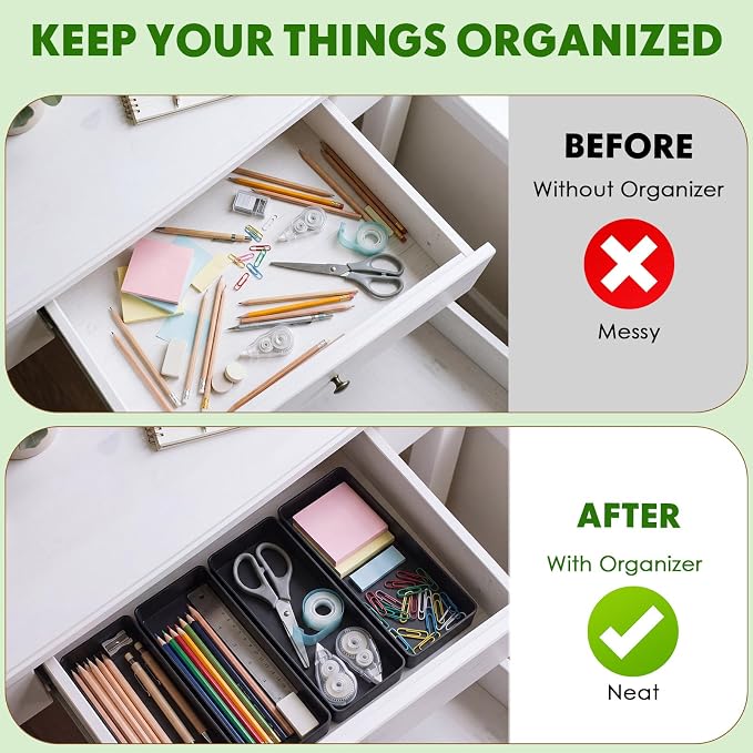 Teling 12 Pcs Black Large Rectangular Desk Organizer Set Half Accessory Tray Plastic Tabletop Organizer for Office Home or Study Dimensions: 9.45 x 2.95 x 1.38 Inches
