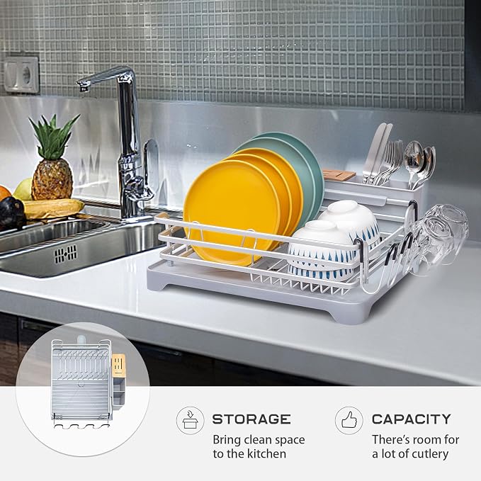 BRIAN & DANY Aluminum Dish Drying Rack, Dish Racks for Kitchen Counter, Dish Drainer with Removable Cutlery Holder & Cup Holder, 16.5" L x 11.8" W, Light Grey