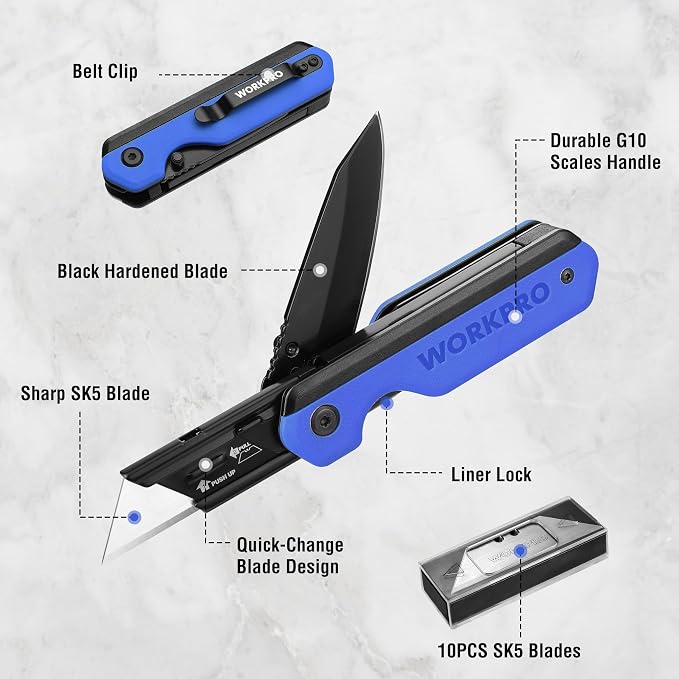 WORKPRO 2-in-1 Folding Knife/Utility Knife, Wood Handle, Blue G10 Handle | Quick-Change Box Cutter, Liner Lock, Belt Clip, 10 SK5 Blades, Carton Cutting, Camping, Hiking, Outdoor, DIY Projects