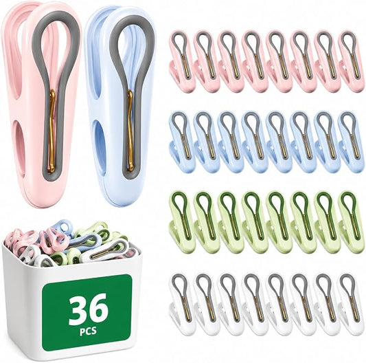 36 Pack Multicolor Plastic Clothespins with Storage Box, Heavy Duty 2.5" Chip Clips with Non-Slip No-Trace Grip, Windproof Laundry Clips for Clothes, Towels, Food Bags, Crafts, Indoor & Outdoor Use