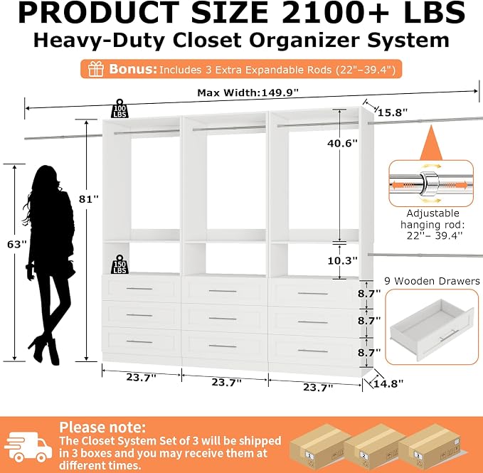 Closet System Set of 3, Closet System with 9 Drawers, 6 Rods & 3 Shelves, 6-15FT Walk in Modular Closet Organizer System, DIY Custom Built in Wood Closet Organizer Kit, White