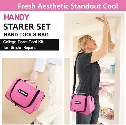 Pink Tool Set,Tool Bag for Women with Shoulder Strap,Basic Tool Kit,21Pcs,Tool Pouch with Zipper,Portable Tool Bag with Tools for Home|Dorm|Office|DIY|Desk|Apartment