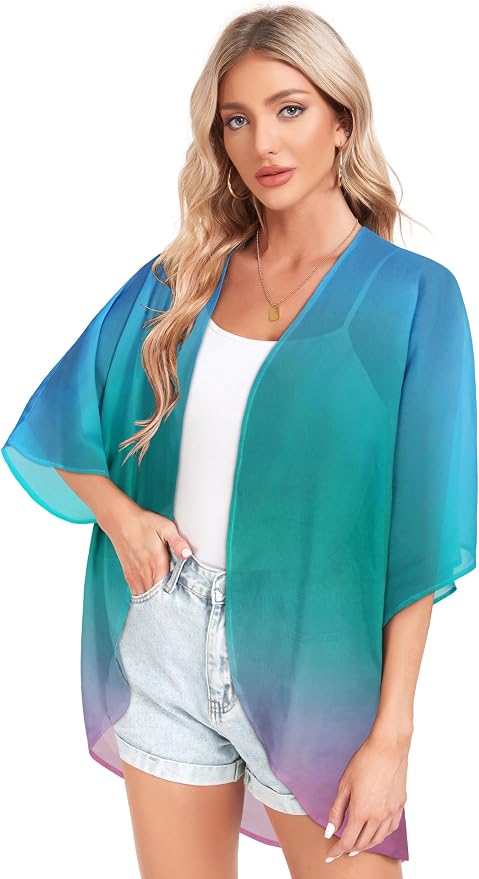 Women Kimono Cardigans Summer Cover Up Hawaiian Shirts Floral Print Tops | ROSEMIA chiffon kimono open front cardigans, beach cover ups, daily casual tops, cruise outfits, summer resort wear