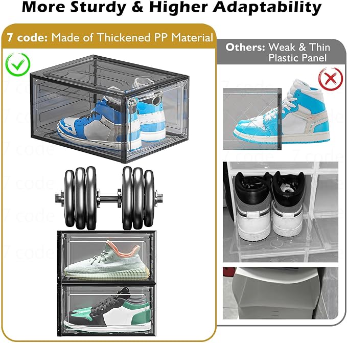 7 code Thicken & Sturdy Clear Shoe Storage Organizer with Magnetic Door, Stackable Boxes for Closet, Foldable Shoe Rack for Sneaker Boot Container, Plastic Shoe Cabinet Shoe Box 6 Pack, Black | Thick Plastic Shoe Storage for Sneakers & Boots, Collapsib...