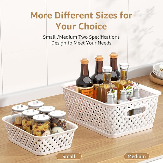 MaxGear Organization and Storage 3 Packs, Plastic Bins Organizer Bins, Woven Baskets for Storage, Plastic Baskets with Handles White Basket for Organizing, Basket Organizer for Home and Office, Medium