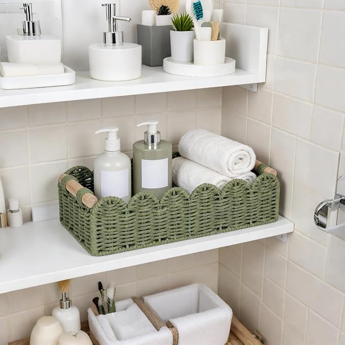 CubesLand Bathroom Basket Organizer, Toilet Tank Paper Storage Baskets 2PK | Scalloped Decorative Basket for Countertop w/Handle, Wicker Basket for Bathroom Decor, Home Decor, Living Room, Green
