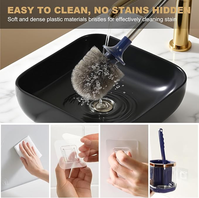 Toilet Bowl Brush and Holder 2 Pack Long Handled Toilet Brush Set for Bathroom with Gap Cleaning Brush and Clip deep Cleaning Wall-Mounted Household 3-in-1 Cleaning Brush Set （Blue）