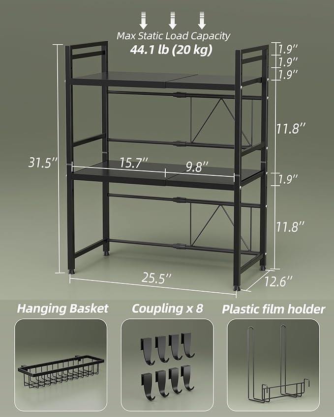 NETEL 3 Tier Expandable Microwave Stand countertop,Microwave Oven Rack | microwave shelf, storage shelf for pans &appliances,with Paper Towel Holder and Baskets，55 Lbs load Per Tier,Black