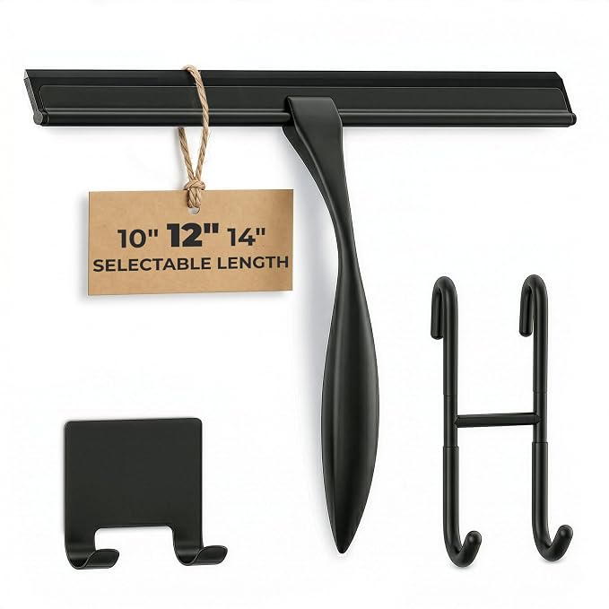 Shower Door Squeegee with Hook - 12" Silicone Blade, Stainless Steel Black Squeegee for Shower Glass with Adhesive Mount - All-Purpose Bathroom Tile, Mirror, & Window Wiper for Streak-Free Cleaning