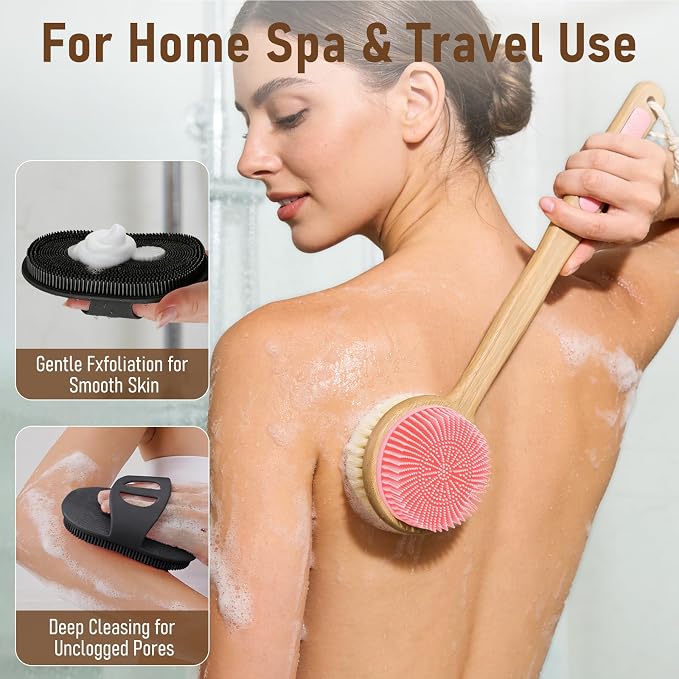 Back Scrubber for Shower + Body Scrubber 2 Pack, Dual Sided Silicone & Nylon Bristles Lather Well Exfoliating Anti-Slip Wood Long Handle Back Scrubber Body Exfoliator for Wet/Dry Bath Brush Pk+Bl
