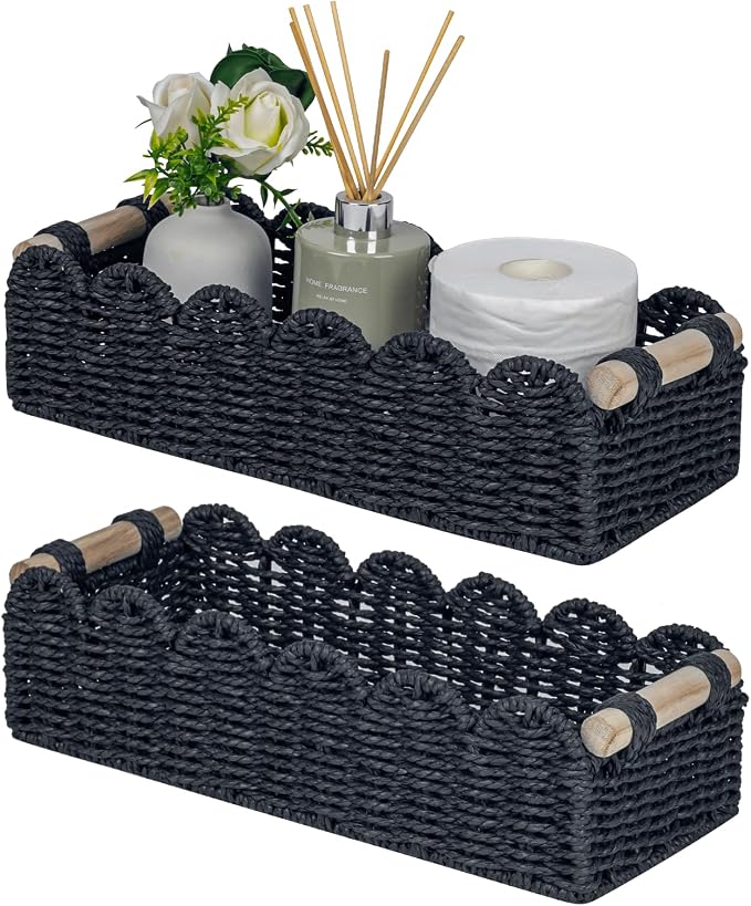 CubesLand Bathroom Basket Organizer, Toilet Tank Paper Storage Baskets 2PK | Scalloped Decorative Basket for Countertop w/Handle, Wicker Basket for Bathroom Decor, Home Decor, Living Room, Black
