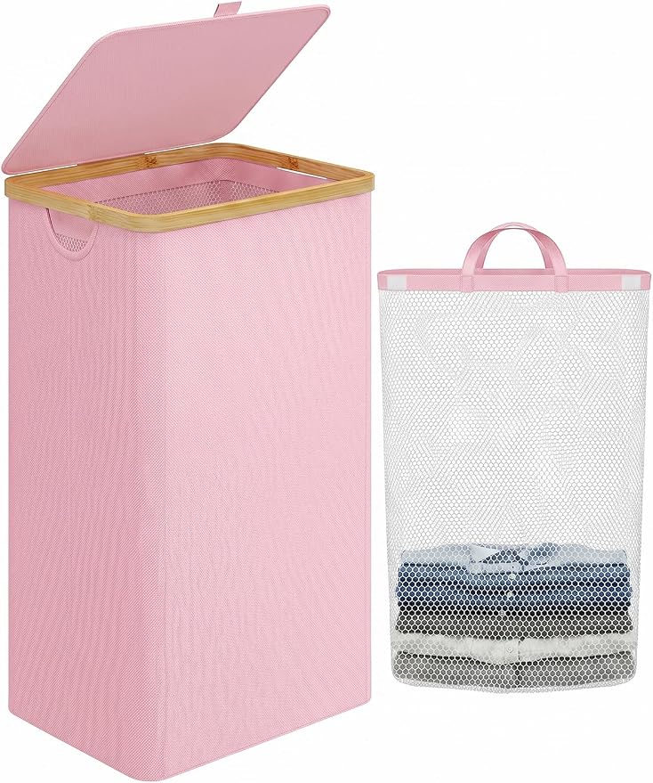 IEGrow Laundry Hamper with Lid,110L Laundry Basket with Mesh Bag,Pink | Dirty Clothes Hamper Basket with Bamboo Handle for Clothes Towels Organization