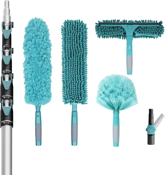 TelesPro 30 Foot High Reach Duster Kit with 6-24FT Extension Pole High Ceiling Dusting and Window Cleaning Kit with Telescopic Pole Window Washer&Squeegee,Cobweb Duster,Fan Duster and Feather Duster