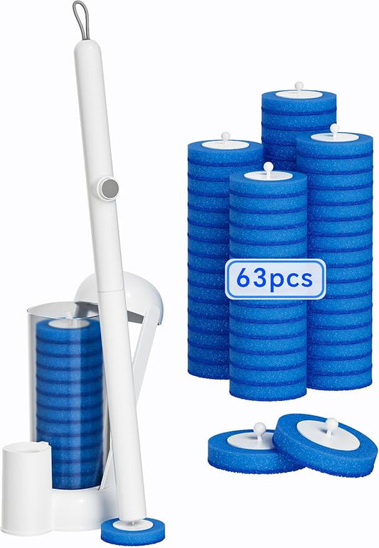 Toilet Wand Kit, Disposable Toilet Bowl Cleaner Brush with Blue Replacement Heads, Press-Button Wand and Self-Closing Freestanding Holder (Toilet Brush + 63 Refills)