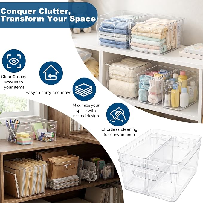 MOONEDGE Set of 12 Clear Plastic Storage Organizer Bins, 4 Large & 8 Small | Under-Sink Storage Containers, Bathroom, Kitchen, Fridge, Cabinet Organization, Clear Bins for Organizing, Small Storage Bins