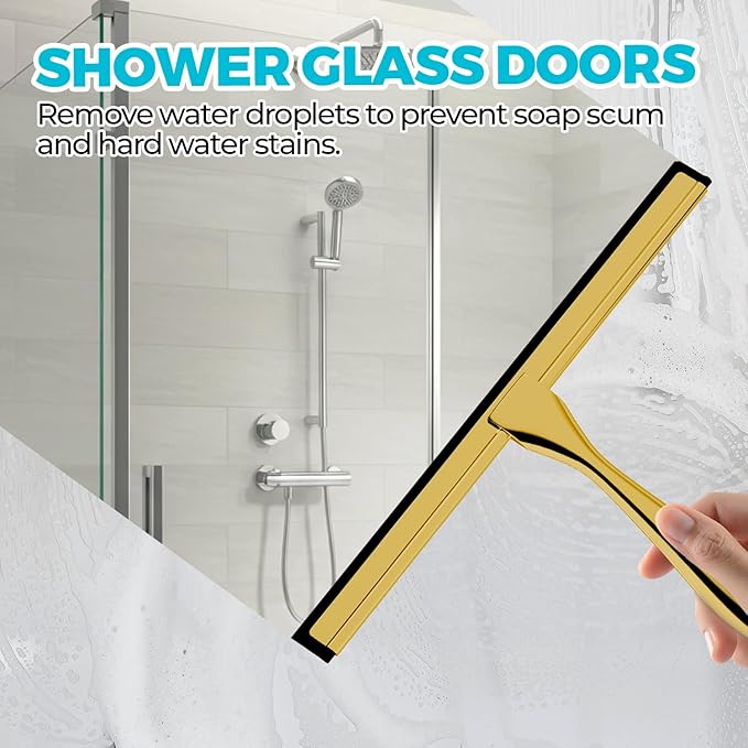 ALFLOD 12" Shower Squeegee for Glass Doors, Tile Walls, Car Windows, Gold | Bathroom accessories, new home essentials, silicone blade, metal handle, adhesive hook, household tool, multipurpose cleaner