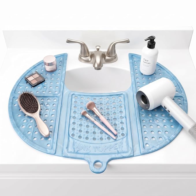 Sink Topper Bathroom Sink Cover for Counter Space, Standard Blue | Holds up to 7 lb on a steel frame; fits over basins to 19 in; 480°F silicone, hot tools; foldable makeup mat; RV, camper