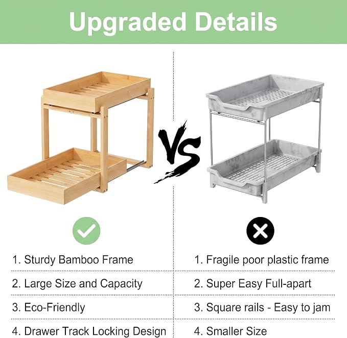 Bamboo Under Sink Organizer and Storage, 2 Pack Pull Out Cabinet Organization, 2 Tier Vertical Slide Out Undersink Storage Shelf, Multi-Purpose Organizer Shelves for Kitchen Bathroom Medicine