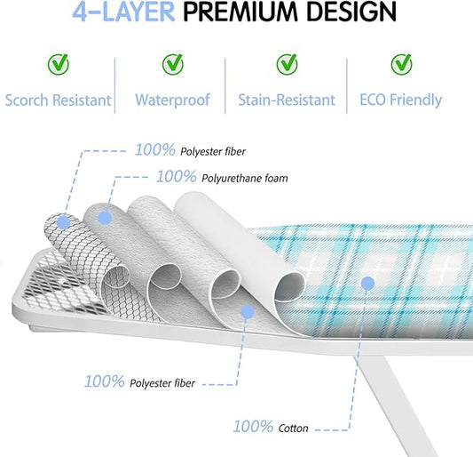 BNDX 15"x54" Ironing Board Cover – Aqua Plaid Design, Thick Padding with 2" Elastic Edge & Dual Buckles, Durable, Scorch & Stain Resistant