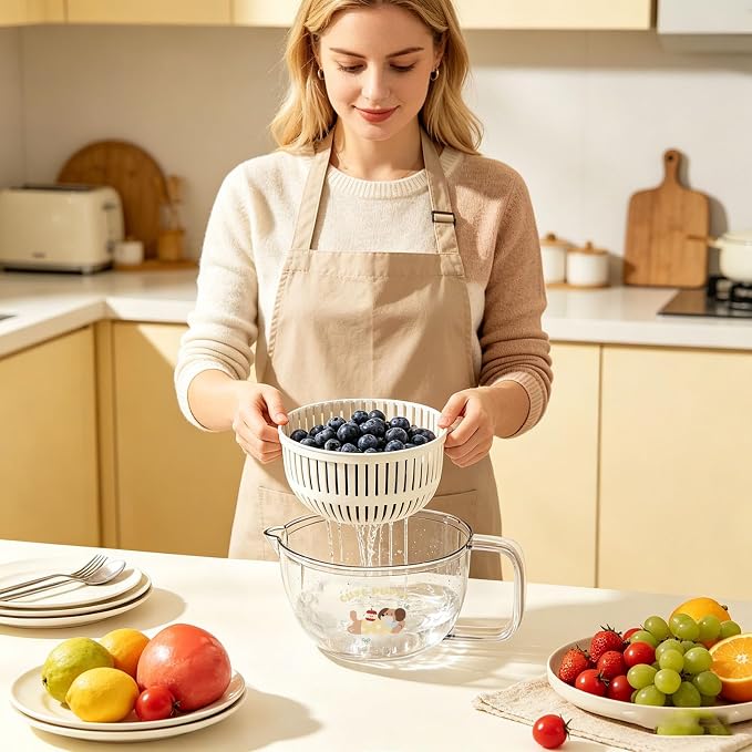 Salad Washer and Spinner with Bowl, Fruit and Vegetable Washer & Dryer, Vegetables Fruits Wash Bowl for Blueberries, Grapes & Cherry Tomatoes, Easy-Clean Kitchen Gadget for Greens (Red)