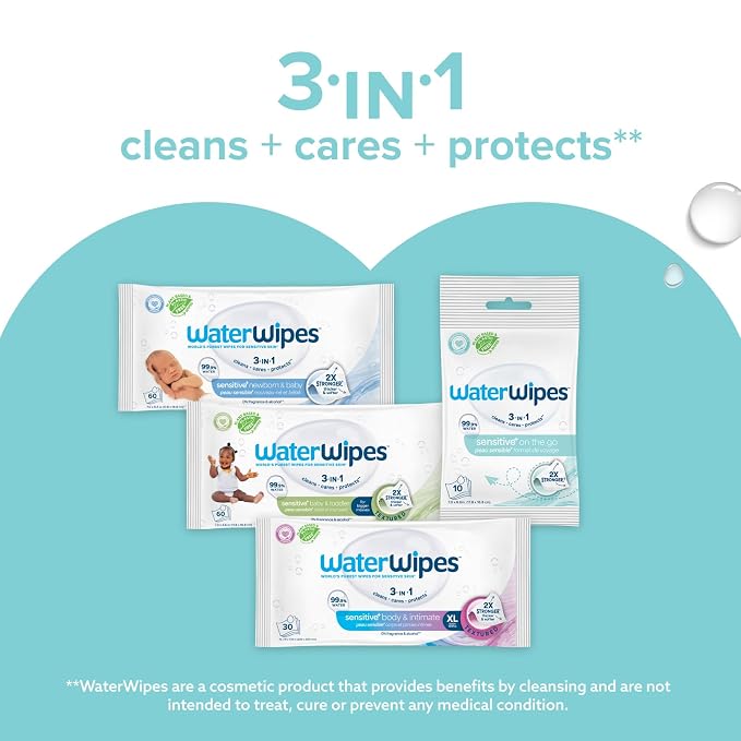 WaterWipes Sensitive+ On The Go Wipes, 3-In-1 Cleans, Cares, Protects, 99.9% Water, Unscented & Hypoallergenic Wet Wipes, 224 Count (8 Packs)