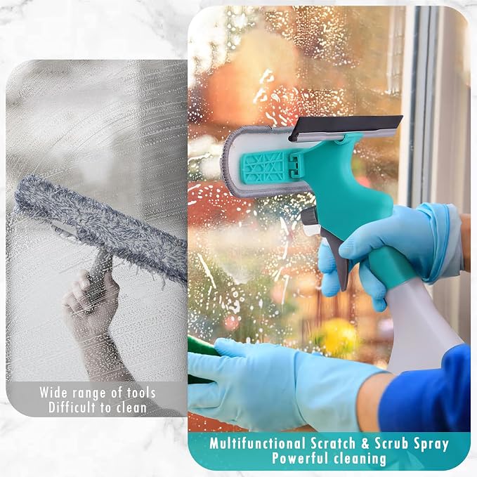 4 in 1 Window Cleaner Tool with Squeegee & Sprayer, 10" Streak-Free Scraper Kit with Microfiber Washer Head, Portable Multifunction Refillable Bottle for Glass/Shower/Car