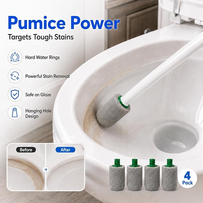 Disposable Toilet Brush 24 Refills & Pumice Stone Toilet Bowl Cleaner 5Pack | 2-In-1 Bathroom Cleaning Kit With Wall Mount Holder, Removes Hard Water Stains & Rust for Toilet, Bathtub, Sink, Grill, Pool