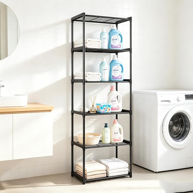 6-Tier Storage Shelves with Plastic Connectors – Metal Shelf Organizer for Pantry, Closet & Bathroom, Space-Saving Sturdy Shelving Unit Rack, Black， 17.3" x 12.8" x 70.9"