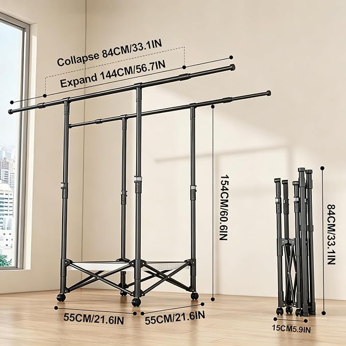 Foldable Collapsible Rolling Clothes Drying Rack,Adjustable Double Rods Laundry Airer(33.1–56.7"),Carbon Steel Pipe Standing Garment Rack for Indoor Outdoor Laundry Room (Black, A)