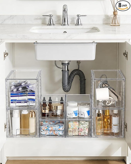 Vtopmart 8 Pack Clear Pull-Out Under Sink Organizer Set (4 Large & 4 Small) | Stackable Storage Drawers, Designed to Fit Bathroom & Kitchen, Under-Sink Organization