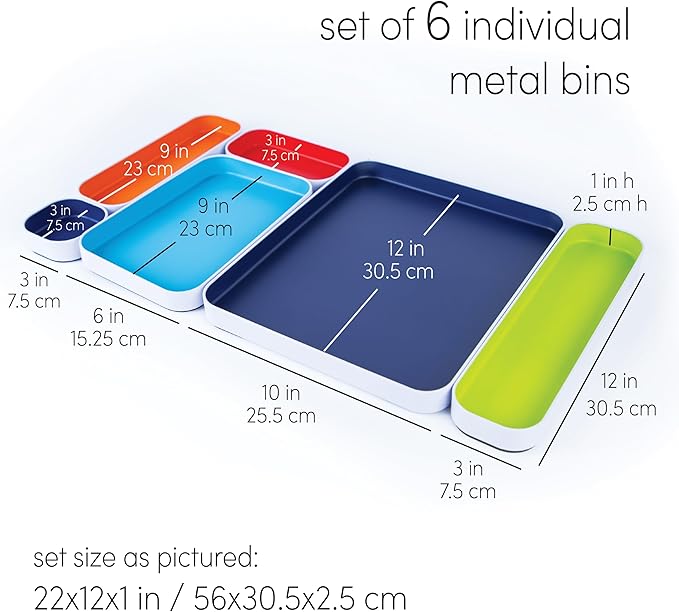 Three by Three Seattle Metal Drawer Organizer Tray Set, 6-Pc, 1" (Assorted) | Colorful food-safe metal bins; soft non-scratch base; kitchen, bathroom, vanity, desk, makeup & office drawers